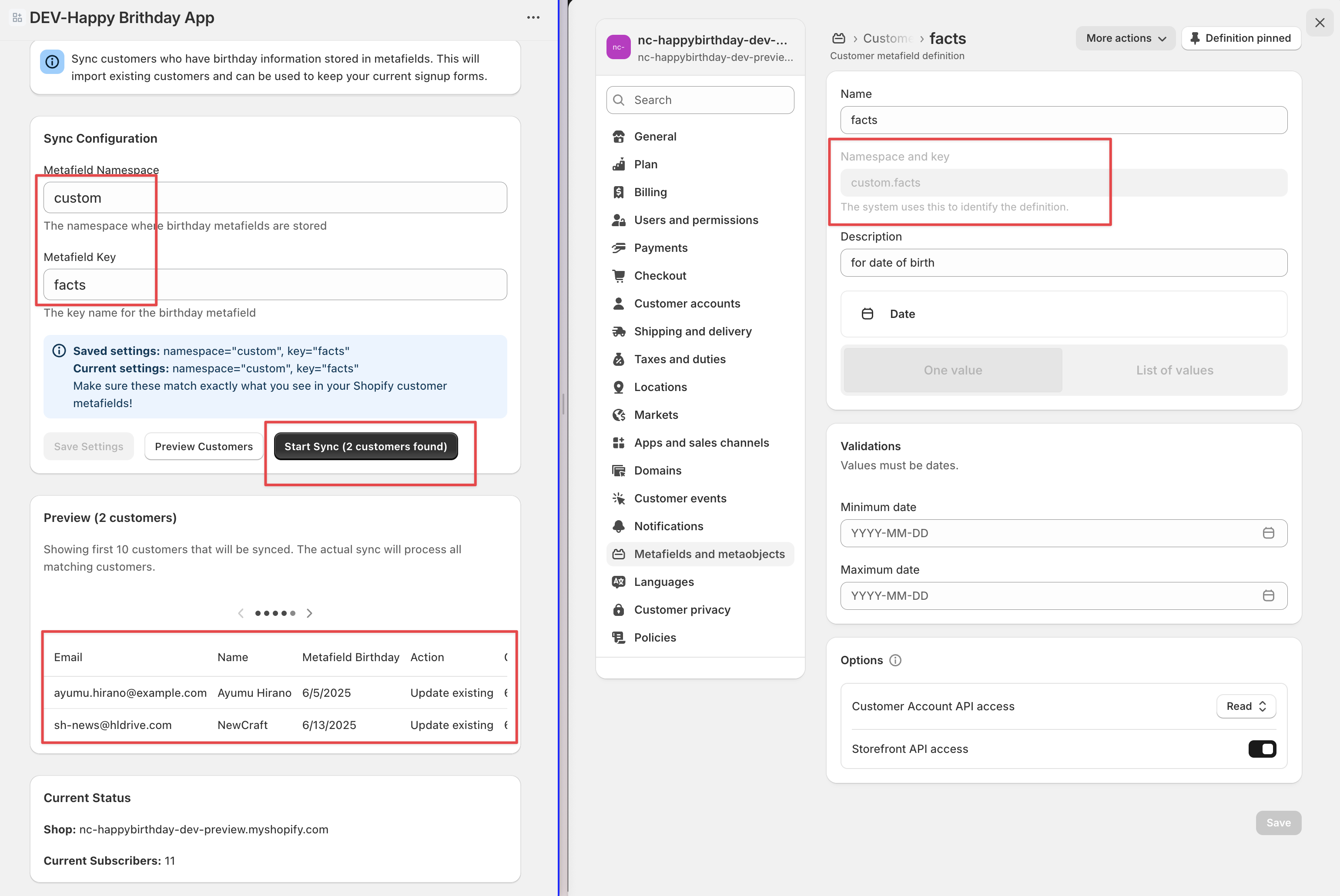Metafield sync interface showing preview and configuration options