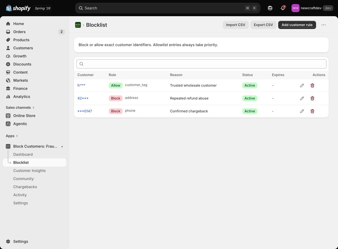 The private Blocklist keeps block and allow decisions together with masked customer data.