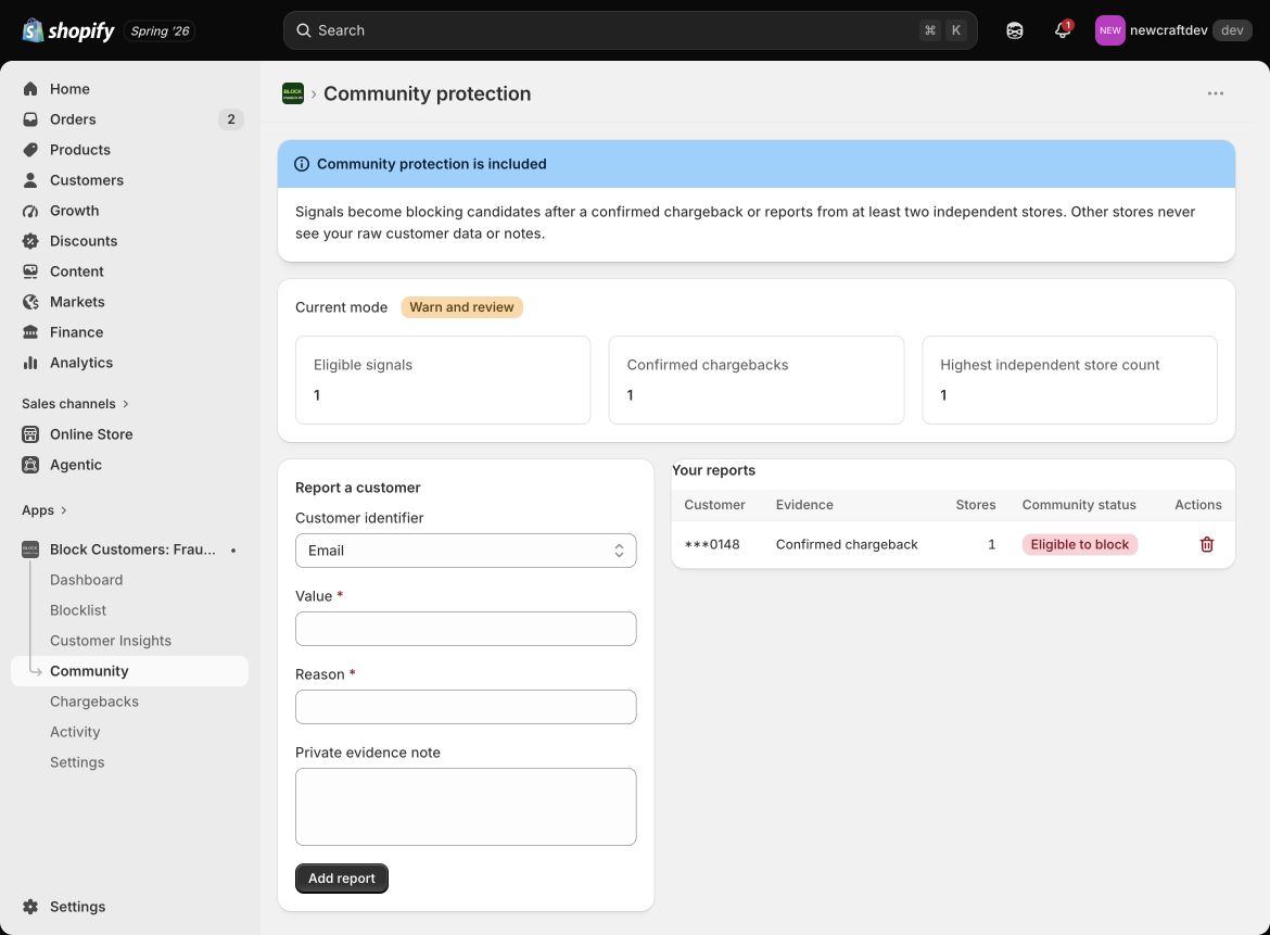 Community protection shows eligible signals and store reports without hiding the evidence threshold.
