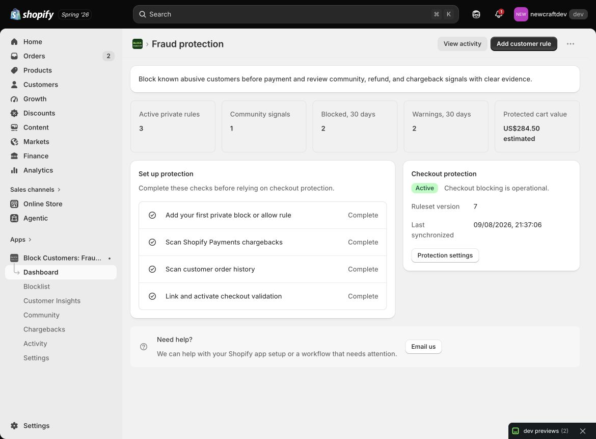 Fraud Shield inside Shopify Admin, showing current protection status, reviewed rules and recent activity.