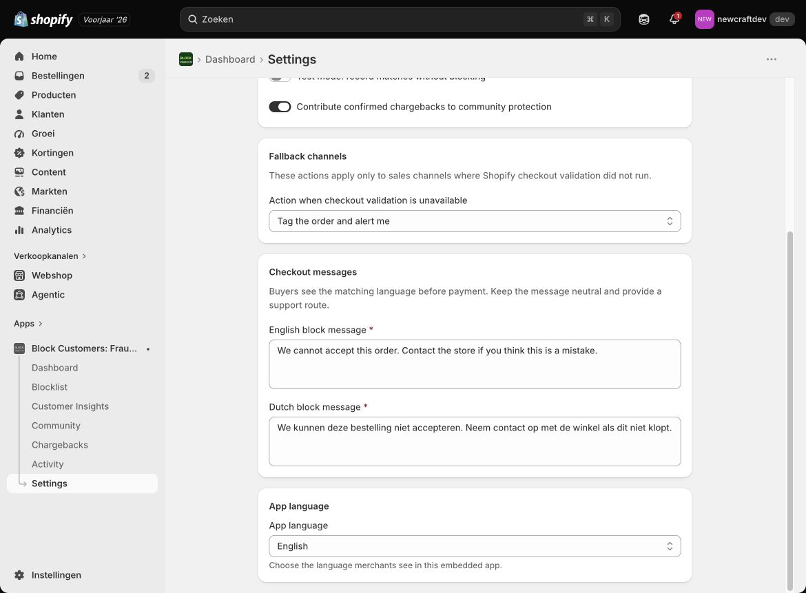 Settings contain separate English and Dutch checkout messages plus the app-language preference.